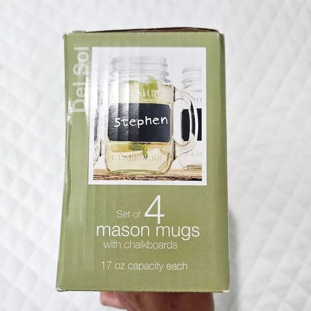 DEL SOL Set of 4 Mason Mugs with Chalkboards, 17oz, Summer Rustic Drink Glasses